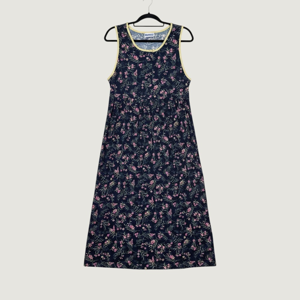 Vtg Cottagecore Corduroy Floral Women Sleeveless Midi Cotton Dress Milkmaid Farm